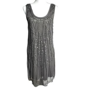 ANGIE‎ XL Gray Silver Sequin Beaded Lined Sleeveless Mini Dress Party Flapper